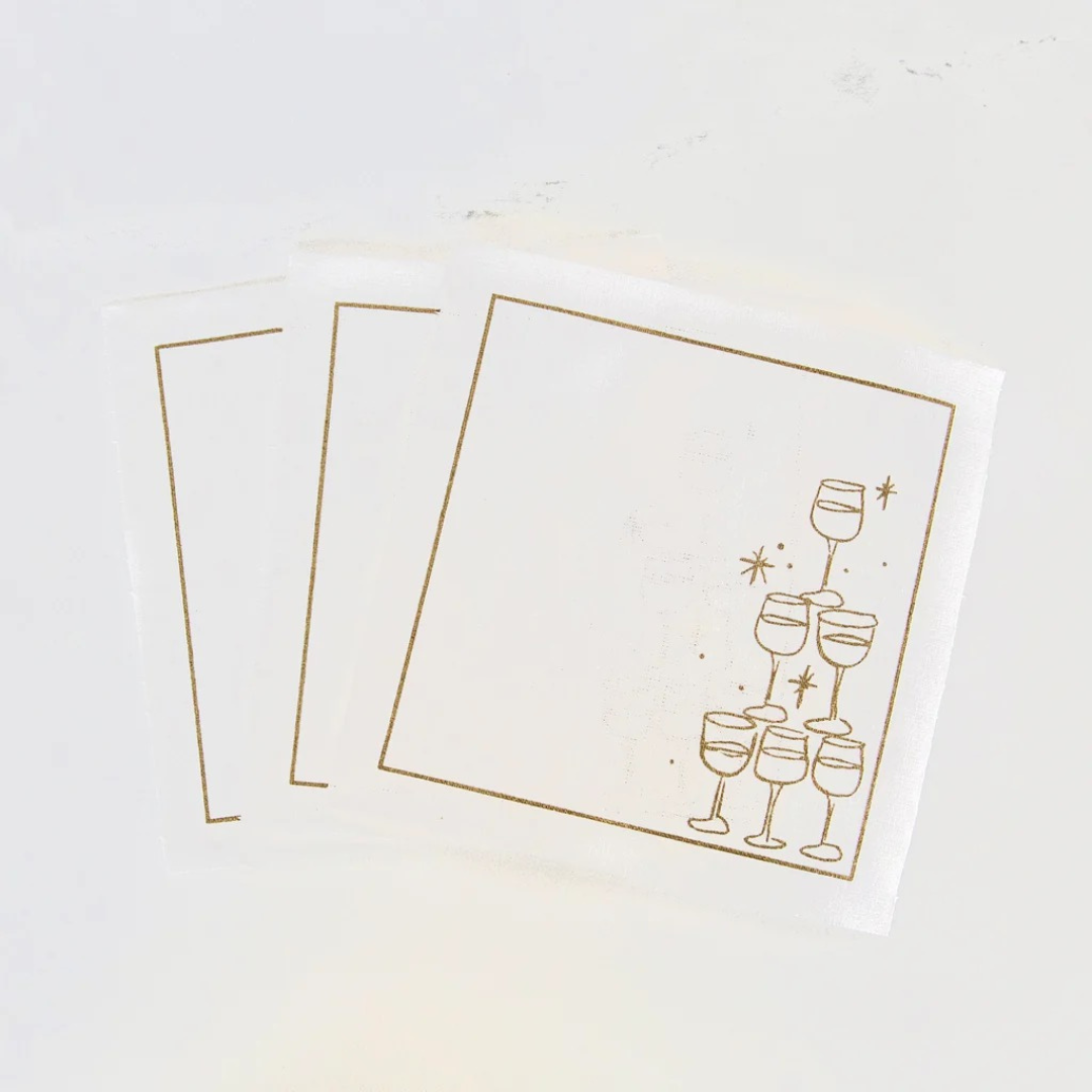 Golden Bubbles Cocktail Napkins Gold Border w/ Gold Stand