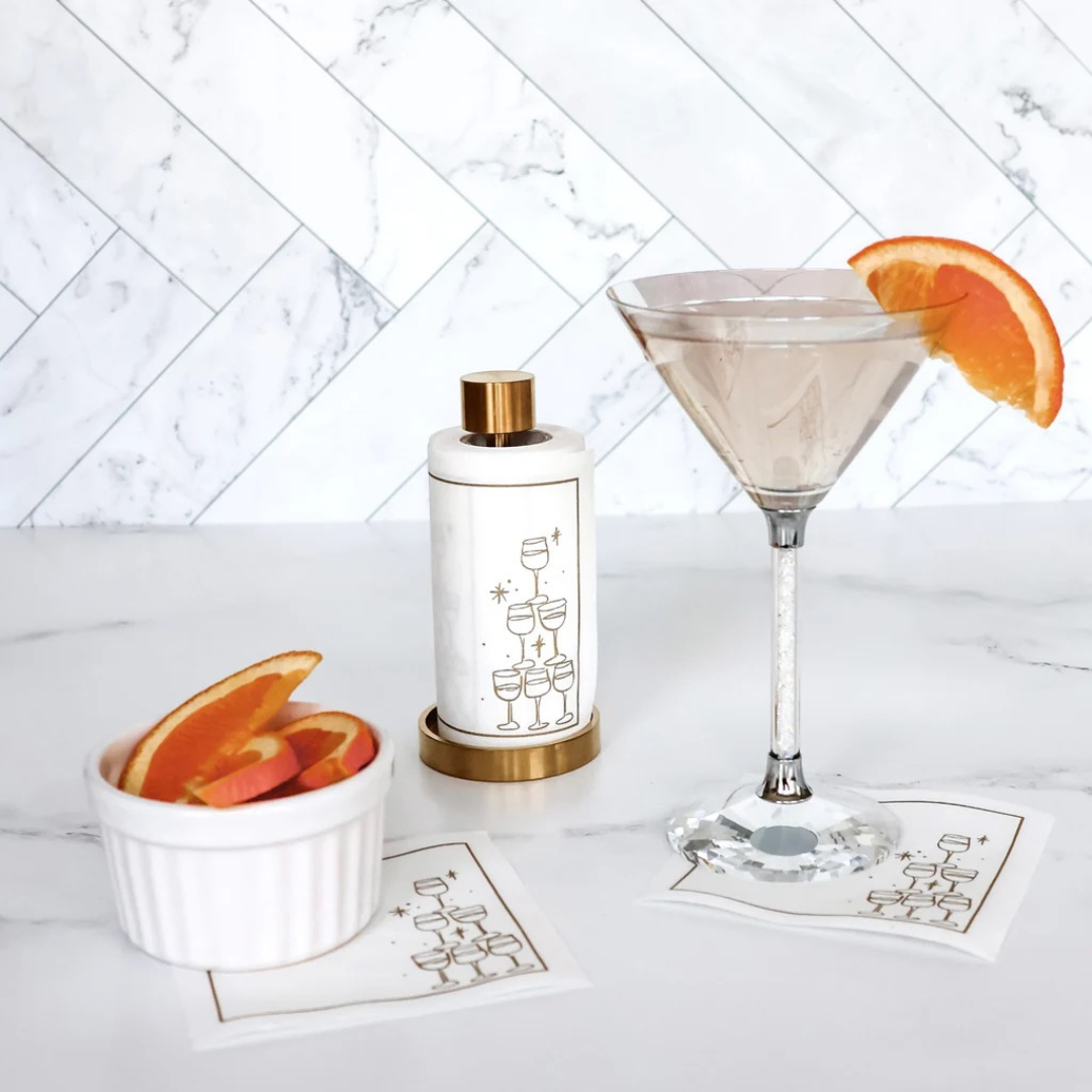 Golden Bubbles Cocktail Napkins Gold Border w/ Gold Stand